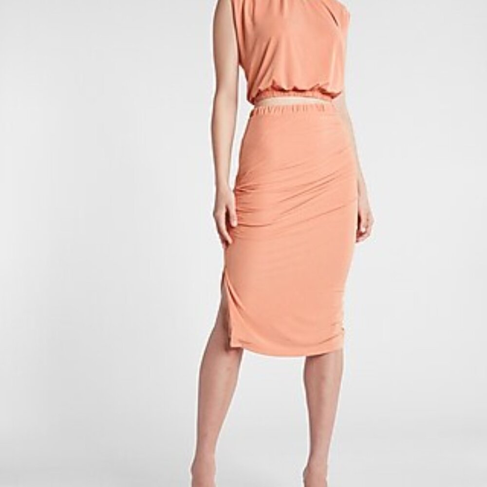 EXPRESS SILKY SUEDED JERSEY HIGH WAISTED RUCHED SKIRT XXS  2XS NWOT 🦋